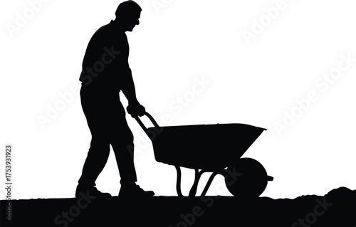 Silhouette of Construction Worker Pushing Wheelbarrow on Work Site Isolated on White