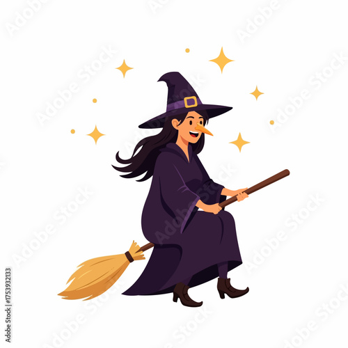 Smiling cartoon witch in a purple robe and pointy hat flying on a magic broomstick.