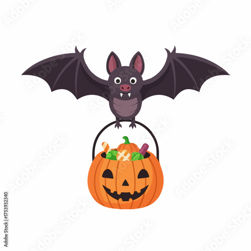 Cartoon bat with spread wings holding a smiling jack-o'-lantern bucket filled with Halloween candy