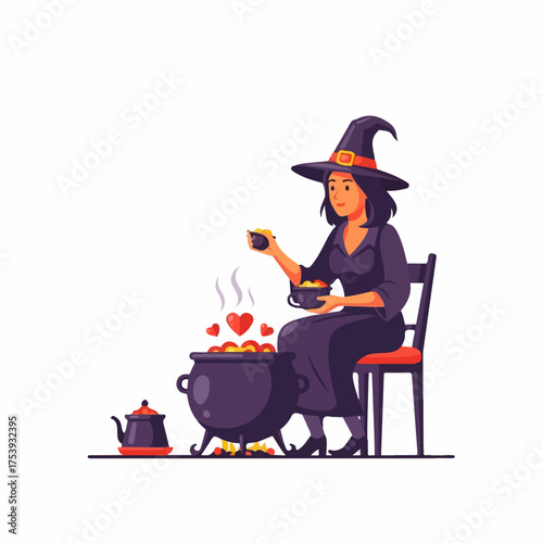 Charming witch in a purple dress and pointed hat brewing a steaming love potion with red hearts in a black cauldron.