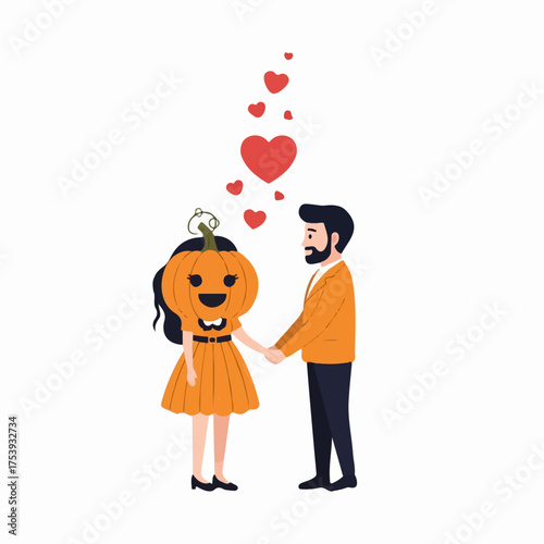 Cartoon Couple Holding Hands, Woman in Pumpkin Head Costume, Man in Orange Jacket