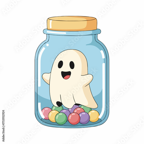 A cute, smiling cartoon ghost trapped inside a light blue glass jar filled with colorful gumballs.
