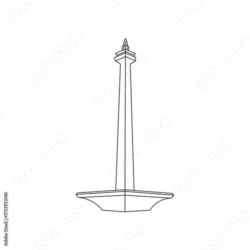 Monas National Monument icon in outline style. Historic landmark symbol representing Jakarta city, heritage, and Indonesian identity. Vector element for tourism, architecture, and cultural monument