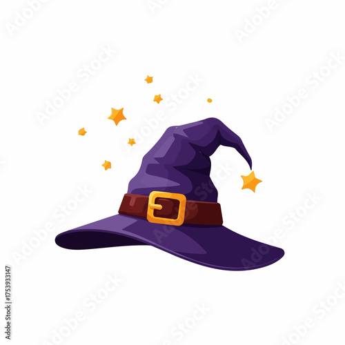 A magical purple witch hat with a brown belt, a shiny gold buckle, and floating yellow stars.