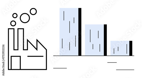 Factory emitting bubbles next to a three-bar chart in ascending order. Ideal for business, economy, industrial growth, data analysis, manufacturing, progress, and market development. Minimal flat
