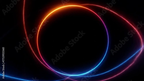 A vibrant composition featuring a dark background, highlighted by neon light strokes and curves of color