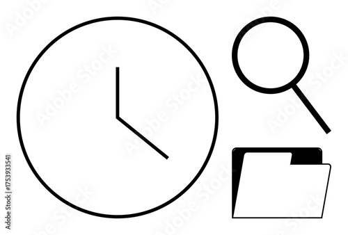 Large clock, detailed magnifying glass, and open folder emphasizing time tracking, research, and organization. Ideal for productivity, analysis, search, record-keeping work efficiency task