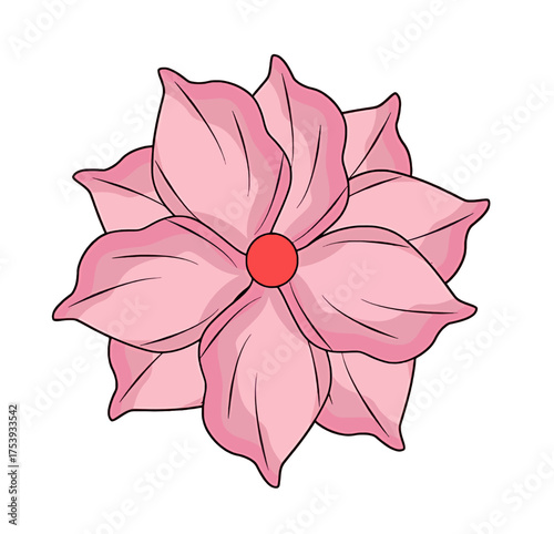 Delicate pink flower illustration with a vibrant red center, blooming beautifully.