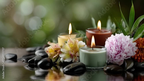 Relaxing candlelight meditation setup with flowers and stones tranquil spa environment close-up view serenity concept