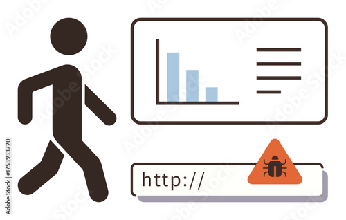 Stick figure walking away from chart analysis and alert signal, representing web malware risk and data breach. Ideal for cybersecurity, online safety, analytics, risks, threats, awareness, simple