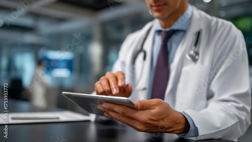 Healthcare innovation doctor using tablet for patient care hospital environment professional setting modern technology