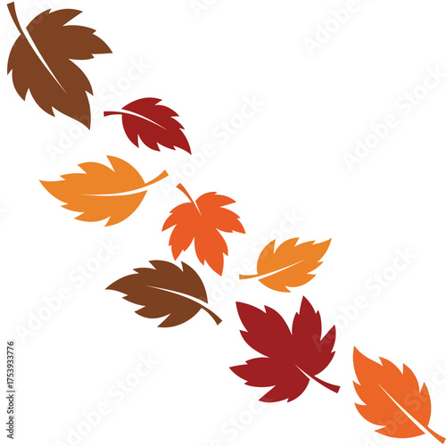 Stylized autumn leaves in shades of brown, orange, and red falling diagonally.
