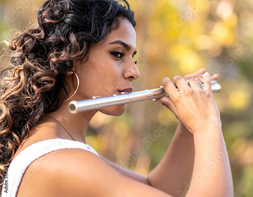 A young woman plays the flute, outdoors with blurred yellow background