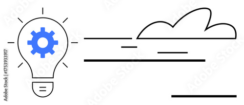 Light bulb with a gear symbol suggesting innovation, clouds in motion representing growth, speed, and creativity. Ideal for technology, innovation, cloud storage, energy, idea problem-solving