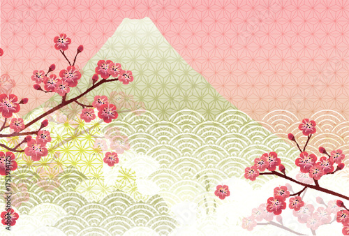 富士山　和柄　年賀状　背景	