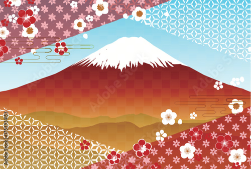 富士山　和柄　年賀状　背景	