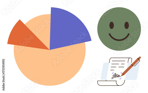 Pie chart showing data segments, green smiling face symbolizing approval, document with signature indicating completion. Ideal for business results, presentations, feedback, analytics, success