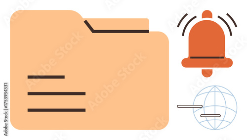Folder graphic with notification bell emitting signals and globe icon with lines, implying global communication, alerts, file organization, teamwork, data sharing, remote work, secure networks. A