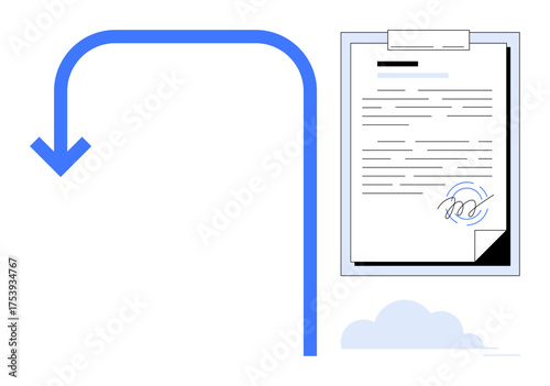 Blue arrow curving to signed document on clipboard, symbolizing digital contracts. Ideal for signing processes, approval workflow, business agreements, automation, organization, efficiency, simple