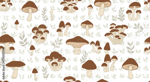 A charming seamless pattern featuring a variety of whimsical mushrooms and delicate foliage elements.