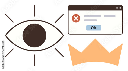 Open eye with rays, error pop-up window, and orange crown symbolizing observation, problem-solving, and achievement. Ideal for leadership, technology, decision-making, creativity management