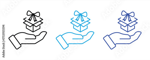 Gift box icon. Surprise gift box symbol. Tied gift box sign. Hand-held gift box, Christmas, birthday, Valentine's, open, shiny, celebration, vector illustration