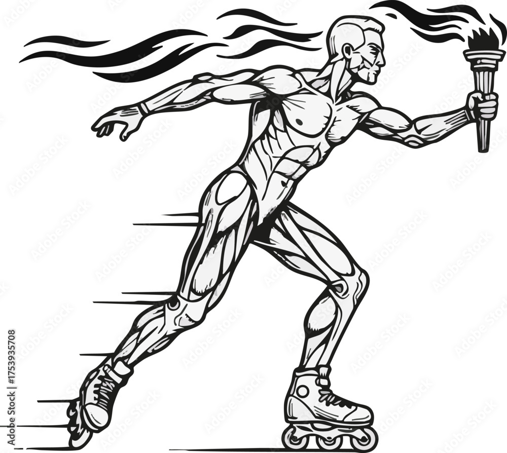Fototapeta premium Muscular rollerblader with anatomical detail holding a flaming torch, demonstrating speed and athleticism in a dynamic black and white illustration.