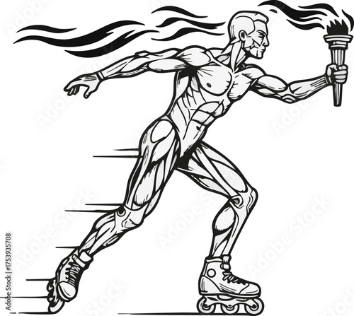 Muscular rollerblader with anatomical detail holding a flaming torch, demonstrating speed and athleticism in a dynamic black and white illustration.