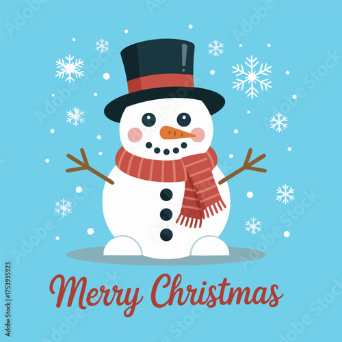 Cute Cartoon Snowman in Top Hat and Scarf with "Merry Christmas" Text Flat Vector Illustration of a Happy Snowman on Blue Background, vector, illustration