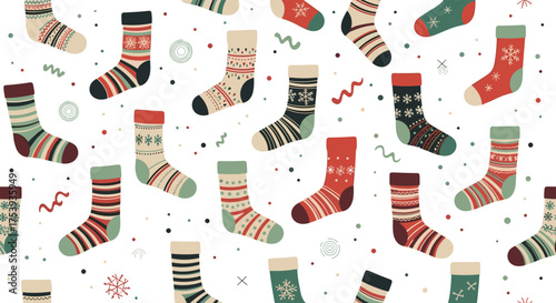 A festive collection of knitted winter socks adorned with charming holiday patterns.