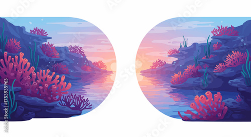 Scenic Underwater Landscape with Coral Reefs and Tranquil Waters at Sunset