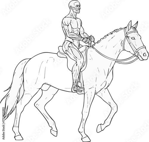 Anatomical illustration depicts a human figure riding a horse, showcasing muscle structure.