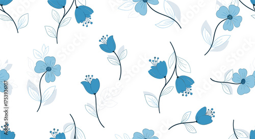 A delicate pattern of blue watercolor flowers with thin stems and subtle leaves on a white background.