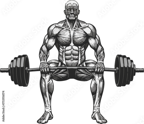 Anatomical illustration of a muscular man performing a deadlift exercise with a heavy barbell.