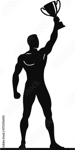 Silhouette of a muscular man triumphantly holding a trophy high above his head.