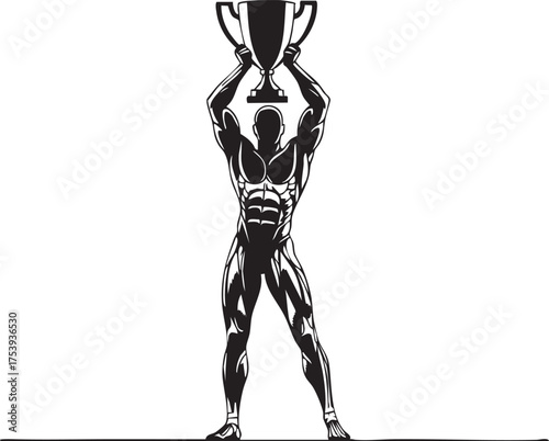 A muscular bodybuilder triumphantly lifts a large championship trophy high above his head in a victorious pose.