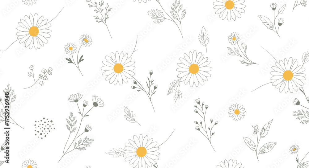 Obraz premium Delicate hand drawn chamomile flowers and grass scattered across a white background.