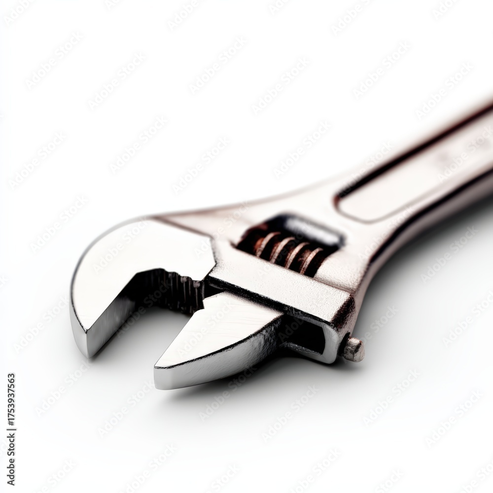 Obraz premium A close-up image of a shiny adjustable wrench, showcasing its gripping teeth and smooth metallic surface.