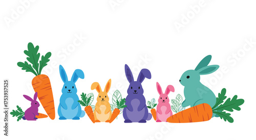 Cute colorful bunnies enjoying delicious carrots in a garden during springtime.