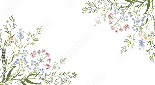 A delicate watercolor arrangement of wildflowers in soft pastel shades.