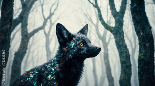 a black, furry creature with a glossy coat and glowing eyes standing in a misty forest. The creature's fur is