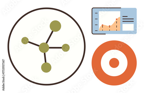 Network diagram with connecting nodes, growth chart with rising trend line, and target circle. Ideal for business analysis, data science, strategy, goal setting, research, innovation simple flat