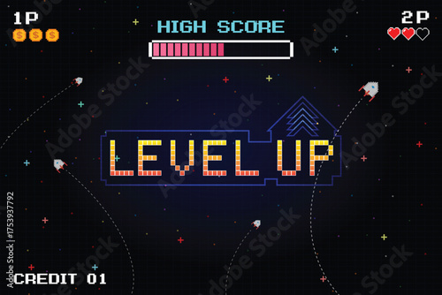 LEVEL UP icon, pixel art. 8 bit game. Retro Futurism Sci-Fi Background. glowing neon grid. and stars from vintage arcade computer games