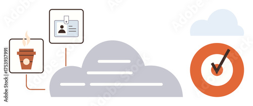 Cloud with connected ID badge, coffee cup, and checkmark. Ideal for cloud storage, remote work, productivity, security, data management IT systems and compliance concept. Simple flat metaphor