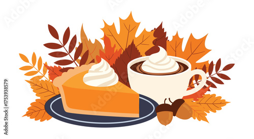 A slice of pumpkin pie with a steaming cup of hot chocolate surrounded by autumn leaves.