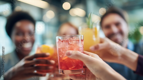 Diverse Team Celebrating Success with Non-Alcoholic Cocktails in Modern Office, Cityscape Bokeh Background with Natural Window Lighting