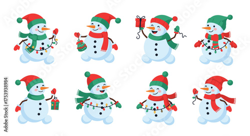 A charming collection of eight delightful pixel art snowmen adorned with festive Christmas lights and accessories for holiday cheer.