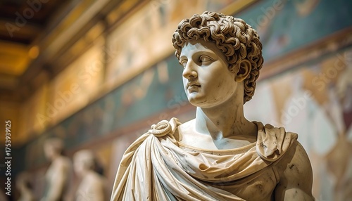 Classic marble statue of a young man in a museum setting