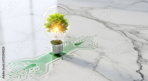 Green energy concept with tree inside lightbulb on modern circuit board
