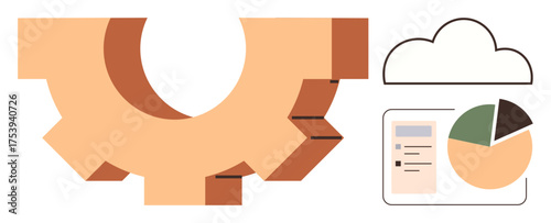 Gear symbol connected to cloud and data visualization chart for analytics. Ideal for technology, cloud computing, data analysis, process automation, digital transformation, IT solutions, workflow